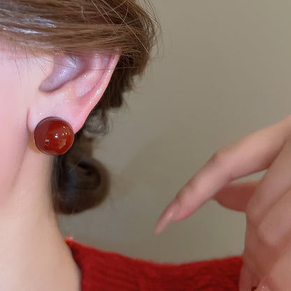 Gempoetry | Silver Needle Ankela Red Round Drop Glazed Bean Earrings, niche fashion temperament earrings, Hong Kong style minimalist retro earrings