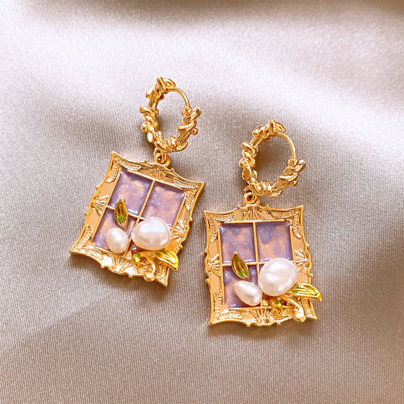 Gempoetry | Medieval Monet Garden Baroque Natural Pearl Earrings Purple Oil Painting Style Frame Earrings Women's Light Luxury High End Unique Earrings