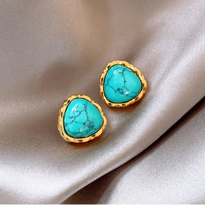 Gempoetry |Vintage silver needle turquoise geometric earrings with vintage ethnic style, versatile and high-end earrings for women