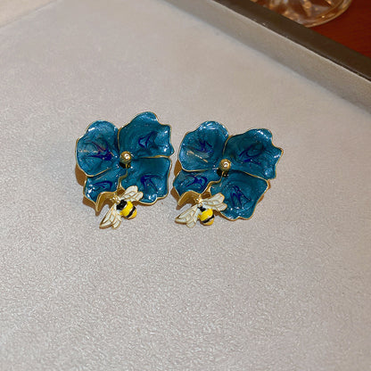 Gempoetry | Vintage silver needle painted bee flower earrings with Korean design, high-end and exaggerated earrings, new trendy earrings for women