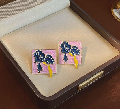 Gempoetry | Vintage enamel purple square drip flower retro court earrings with high-end Hong Kong style temperament earrings for women