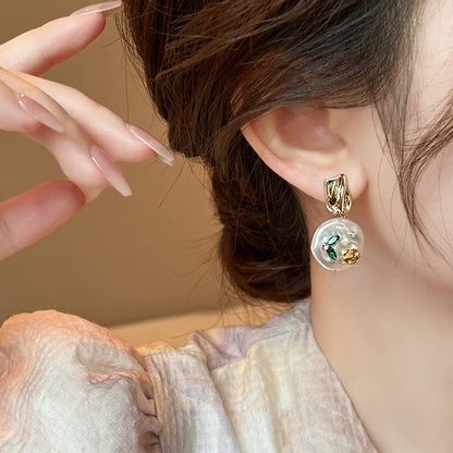 Gempoetry | Middle French enamel Monet Garden Baroque pearl earrings for women with a niche design and unique temperament, high-end earrings, light luxury earrings