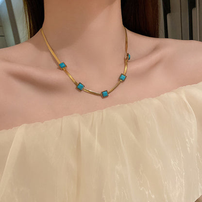 Gempoetry | Titanium steel blue square metal necklace, light luxury, niche design, collarbone chain, simple and cool style, temperament necklace