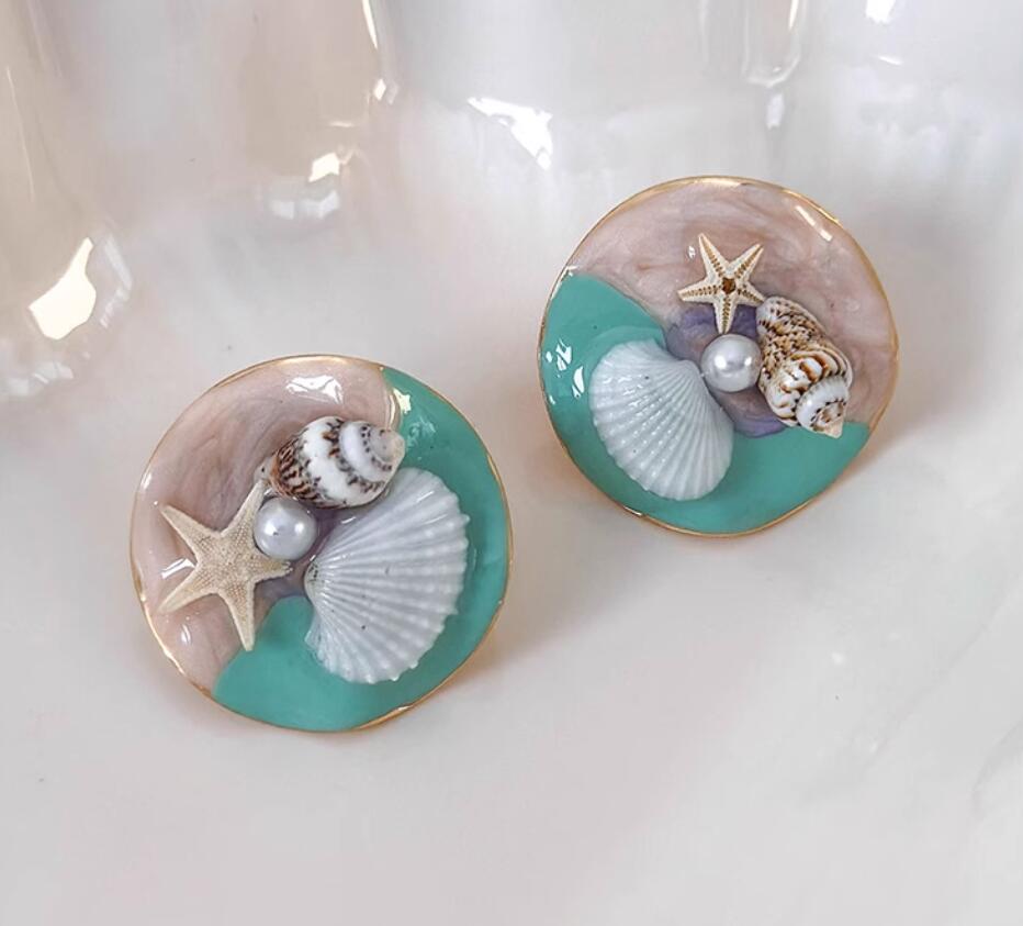 Gempoetry | Sweet vacation style, cute starfish, conch shell earrings, niche design, sweet drip oil alloy earrings, summer new style