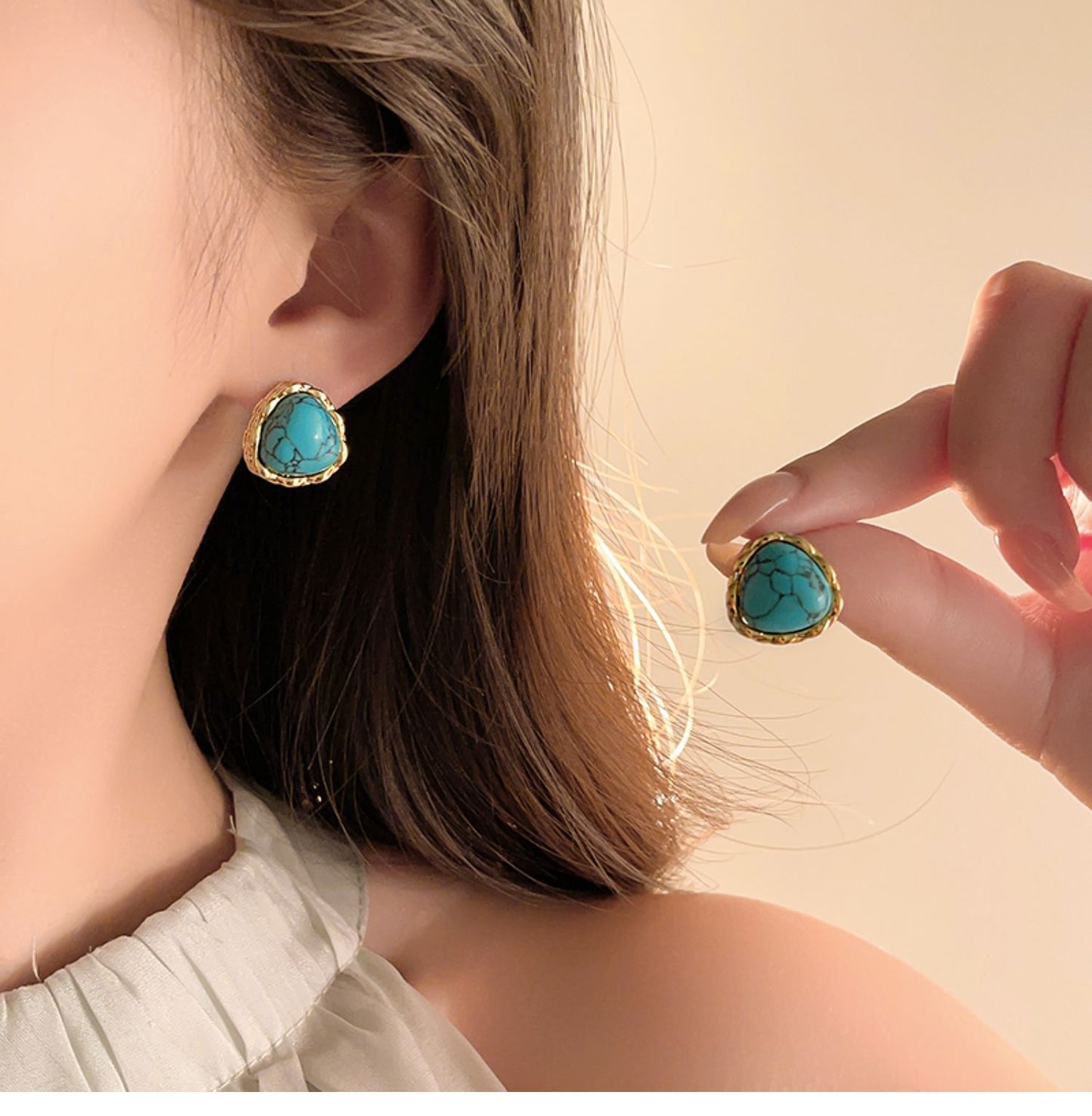 Gempoetry |Vintage silver needle turquoise geometric earrings with vintage ethnic style, versatile and high-end earrings for women