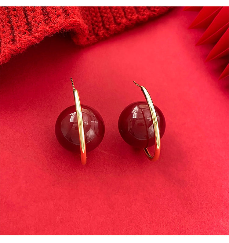 Gempoetry | Temperament Hong Kong style Anchorage red pearl earrings, new explosive style, exaggerated and unique, light luxury ear hanging