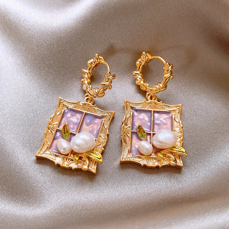 Gempoetry | Medieval Monet Garden Baroque Natural Pearl Earrings Purple Oil Painting Style Frame Earrings Women's Light Luxury High End Unique Earrings