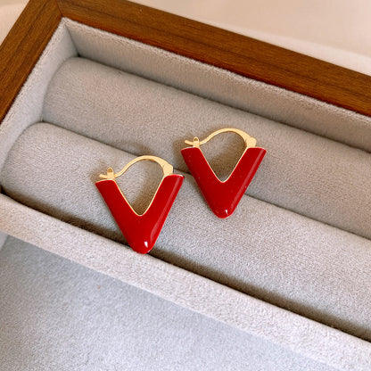 Gempoetry | Ankela red drop glazed V-shaped letter earrings, retro Hong Kong style ear clasps, European and American light luxury temperament, high-end feeling earrings