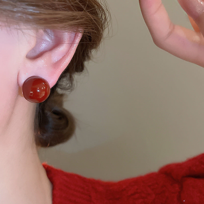 Gempoetry | Silver Needle Ankela Red Round Drop Glazed Bean Earrings, niche fashion temperament earrings, Hong Kong style minimalist retro earrings