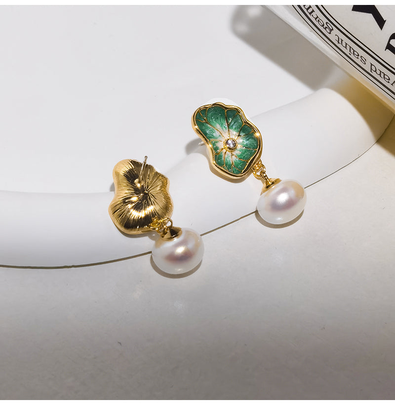 Gempoetry | Vintage Lotus Leaf Pearl Earrings with Enamel Light Luxury and High Quality Charm Earrings and Earrings