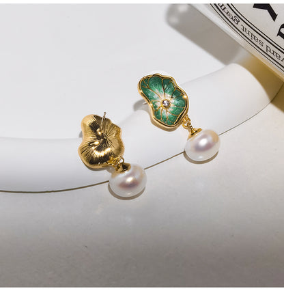 Gempoetry | Vintage Lotus Leaf Pearl Earrings with Enamel Light Luxury and High Quality Charm Earrings and Earrings