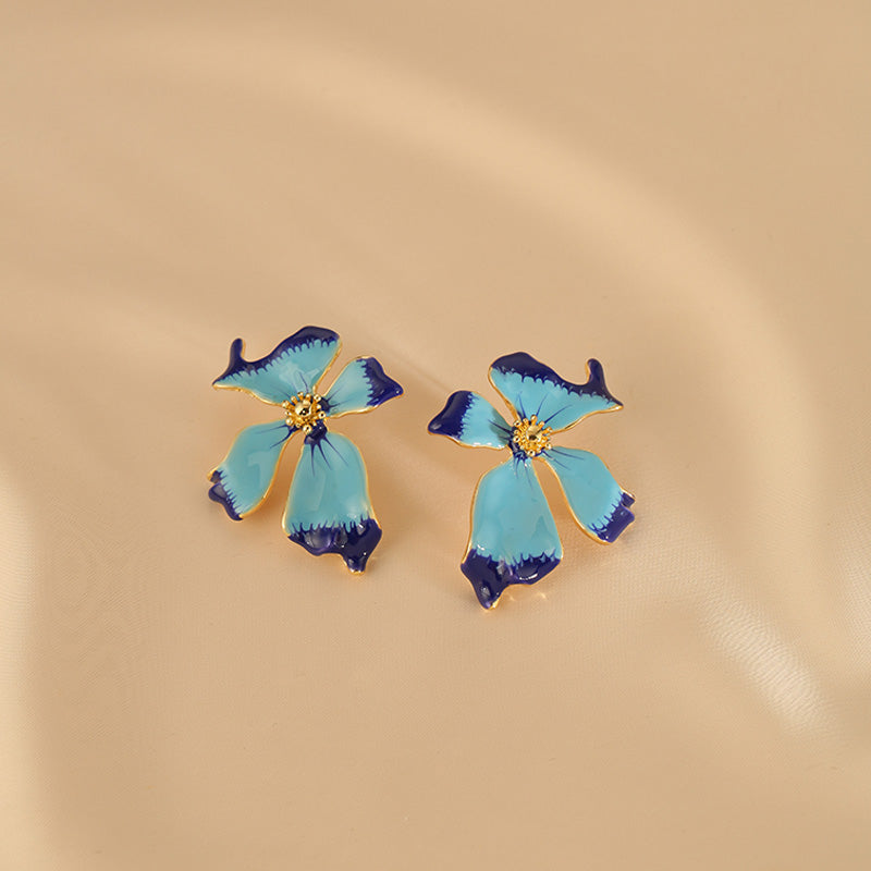 Gempoetry | Medieval enamel drip glaze flower water mist iris blue earrings French retro exaggerated earrings light luxury socialite temperament big brand cold style earrings for women