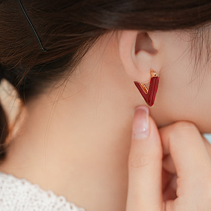 Gempoetry | Ankela red drop glazed V-shaped letter earrings, retro Hong Kong style ear clasps, European and American light luxury temperament, high-end feeling earrings