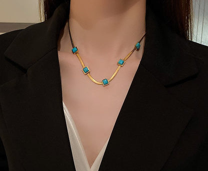 Gempoetry | Titanium steel blue square metal necklace, light luxury, niche design, collarbone chain, simple and cool style, temperament necklace