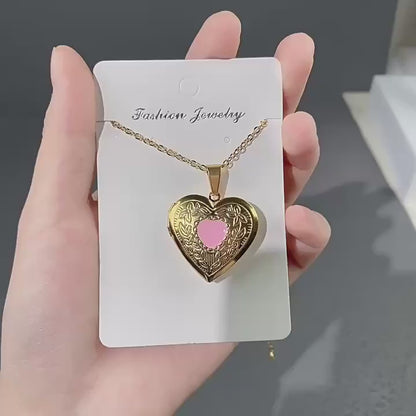 Gempoetry | Stainless steel silver gold women's style can open heart-shaped patterned photo frame box necklace